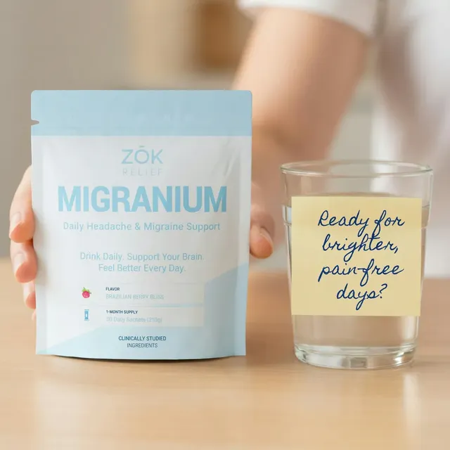 Zok Relief anti-migraine powder, a single sachet against a plain background