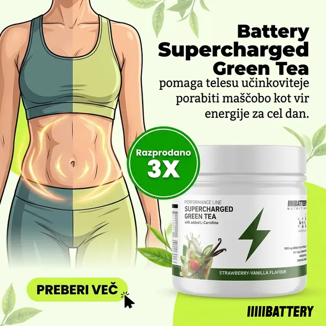 Battery Supercharged green tea, drawn in a cartoon illustration style
