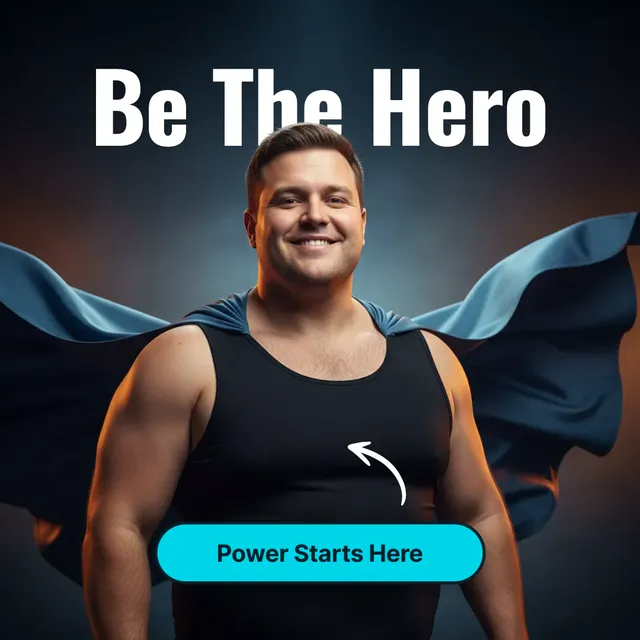 A man standing centre frame, cast as the hero of the ad