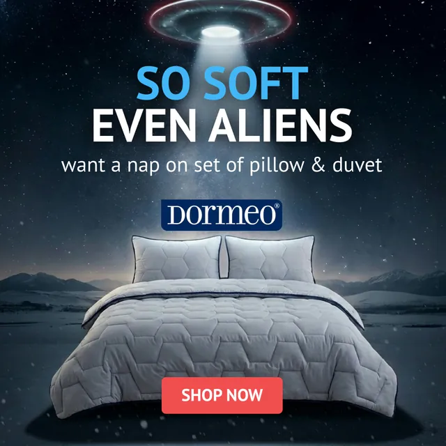 Dormeo pillow and duvet set under a UFO beam: so soft even aliens want a nap