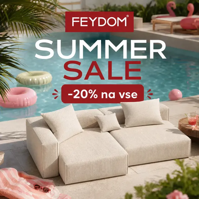 Feydom summer sale: a couch with a sign offering 20% off everything