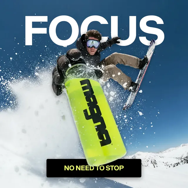 Magna bottle in the foreground, a snowboarder behind it