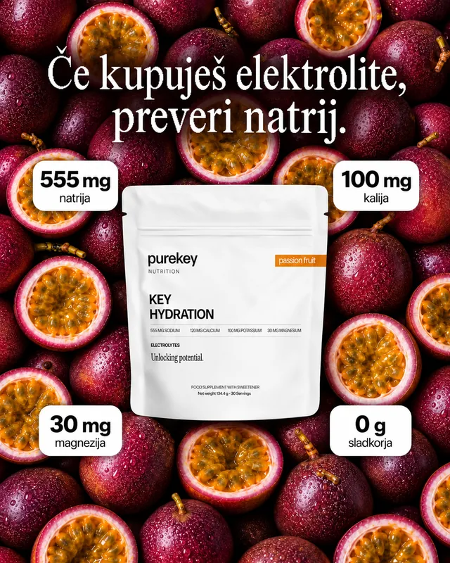 Purekey Key Hydration on a bed of passion fruit: if you buy electrolytes, check the sodium, 555 mg